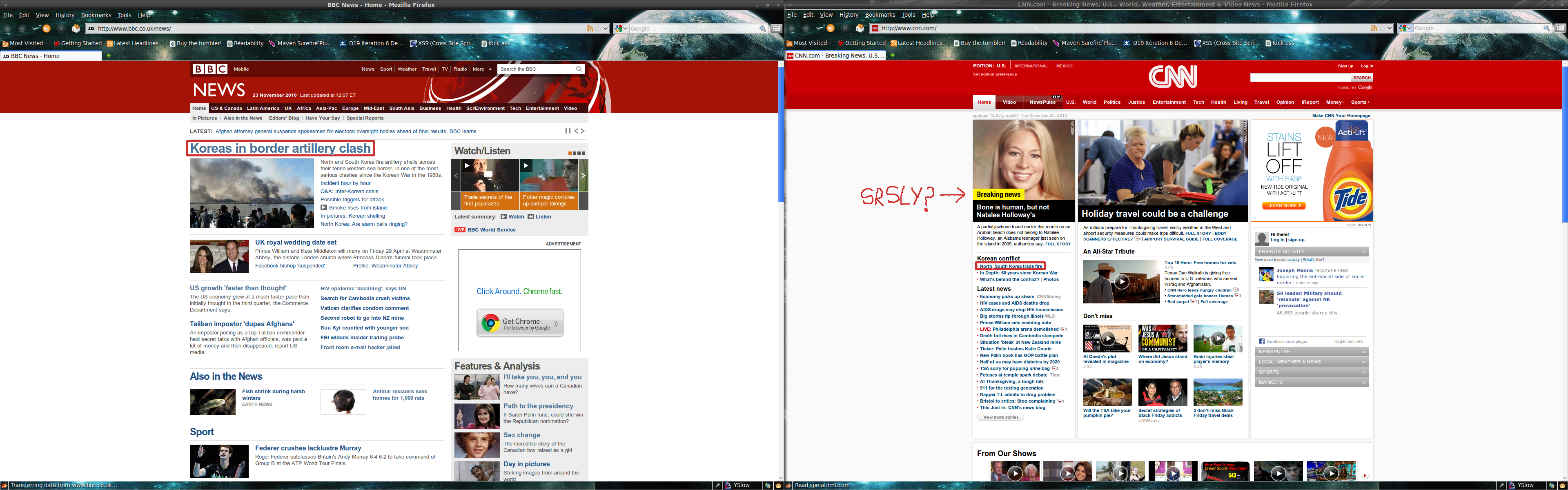 Comparison of BBC and CNN front pages (23rd November, 2010)