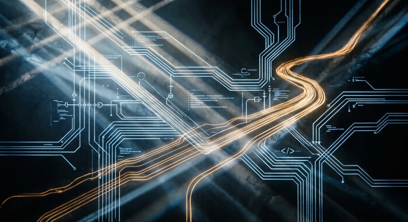 A golden path worn through a grid of circuit-board traces